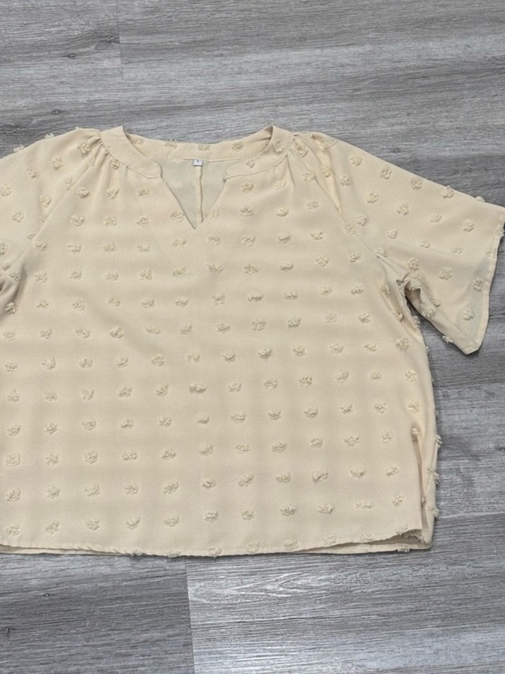 Women's Cream Textured Short-Sleeve Blouse with V-Notch